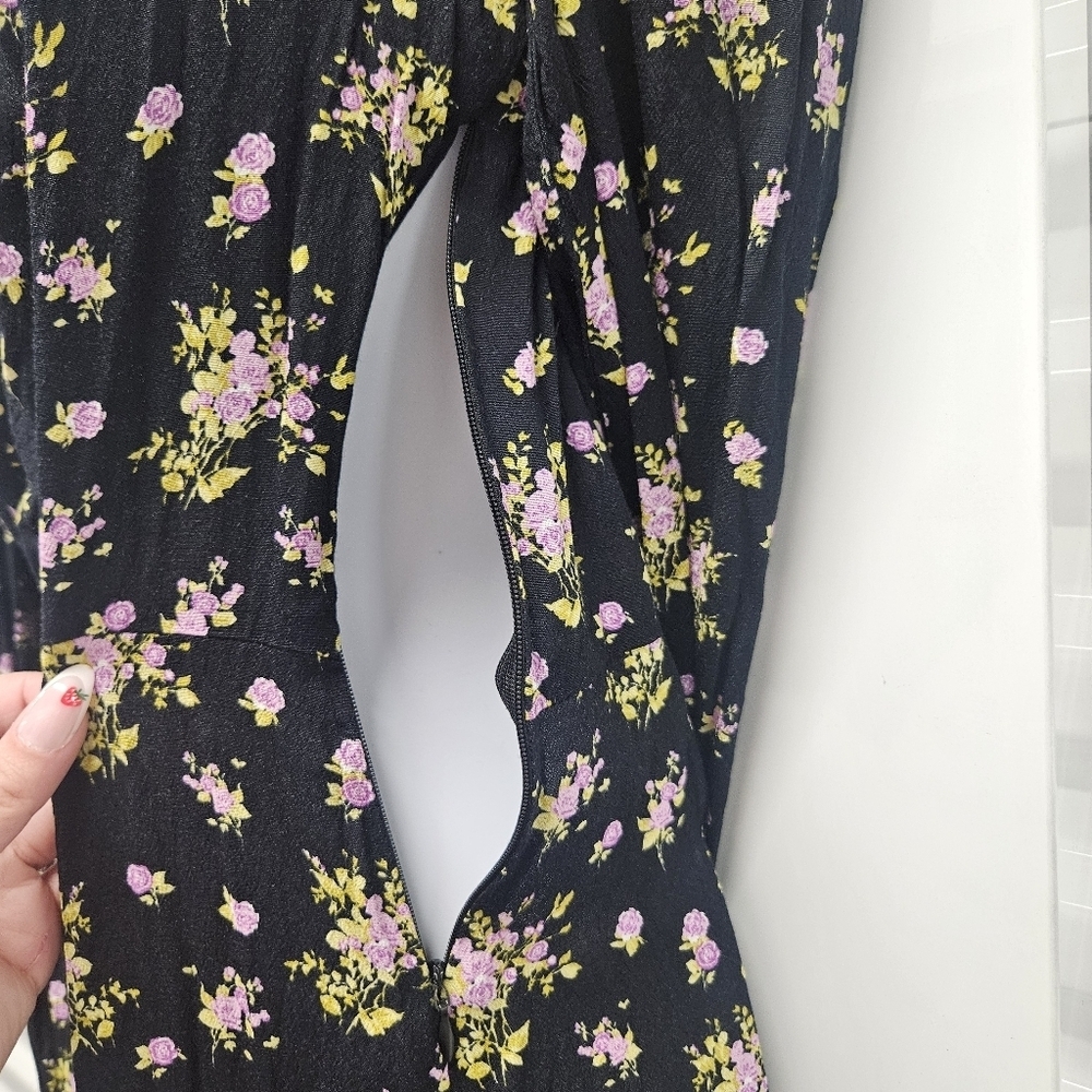 00107 Zara Floral Print Lavender Rose Mini Black Purple Long Sleeve Dress Medium - Picture 8 of 15
